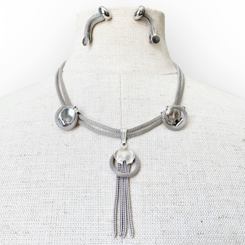 Vintage Continental Silver-tone Mesh Jewelry Set Necklace Earrings Pairs Lot - Picture 7 of 9